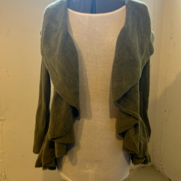Camari cashmere sweater heathered olive drab green cascading open front low back - Picture 1 of 10